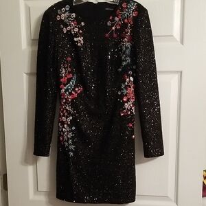 Karen Millen Elegant Black Sequin Dress with Floral Embroidery,size 8